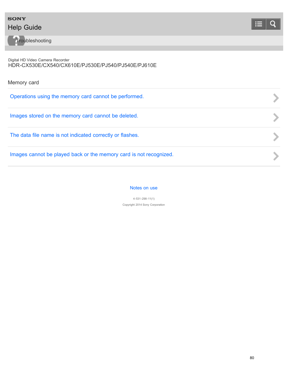 Memory card, Help guide | Sony HDR-PJ540 User Manual | Page 91 / 394