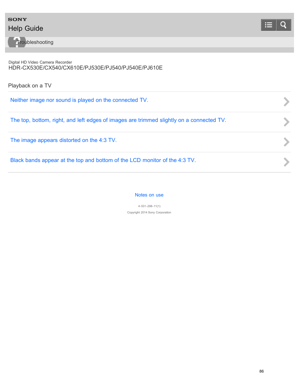 Playback on a tv, Help guide | Sony HDR-PJ540 User Manual | Page 97 / 394