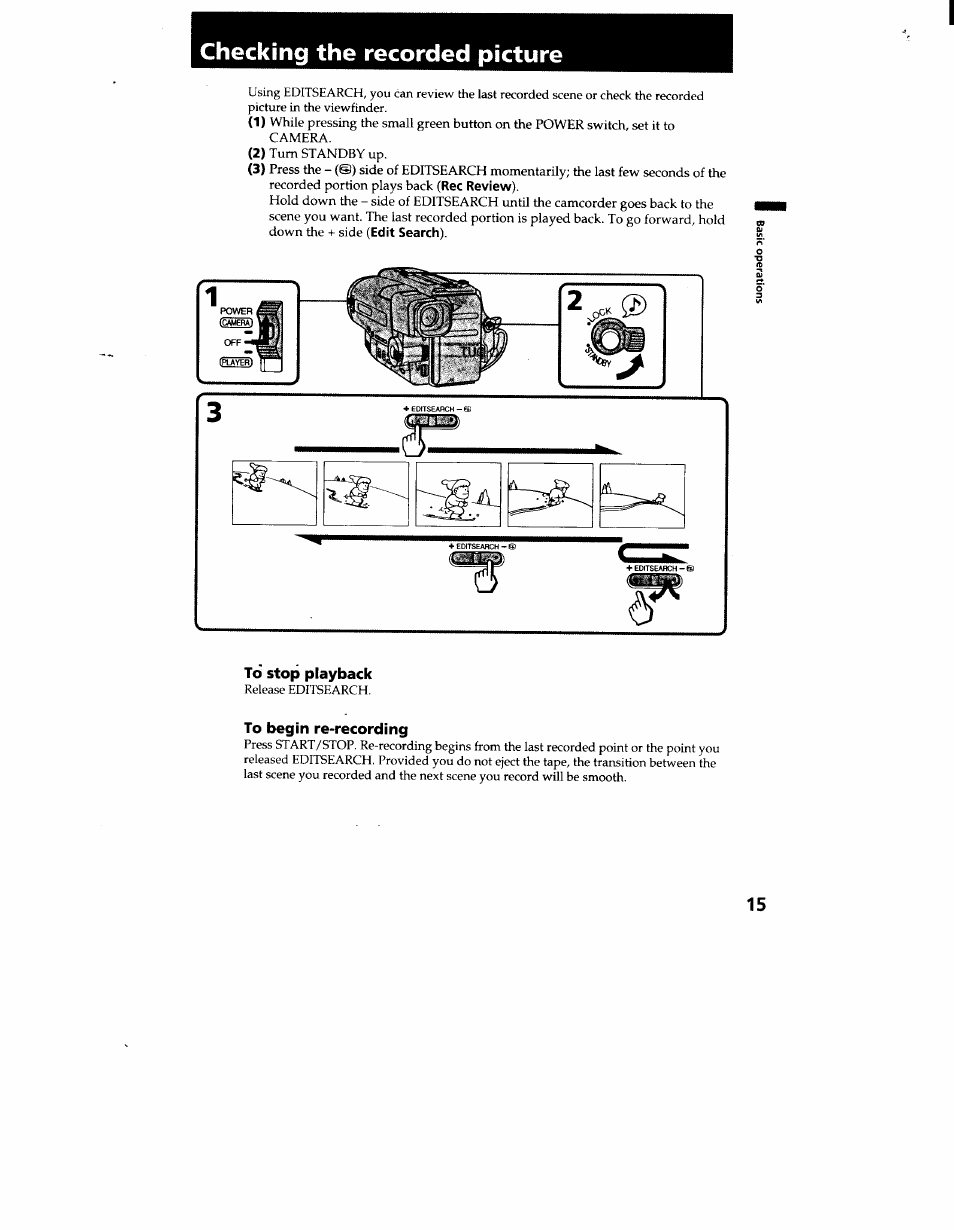Checking the recorded picture, To stop playback, To begin re-recording | Sony CCD-TR916 User Manual | Page 15 / 71