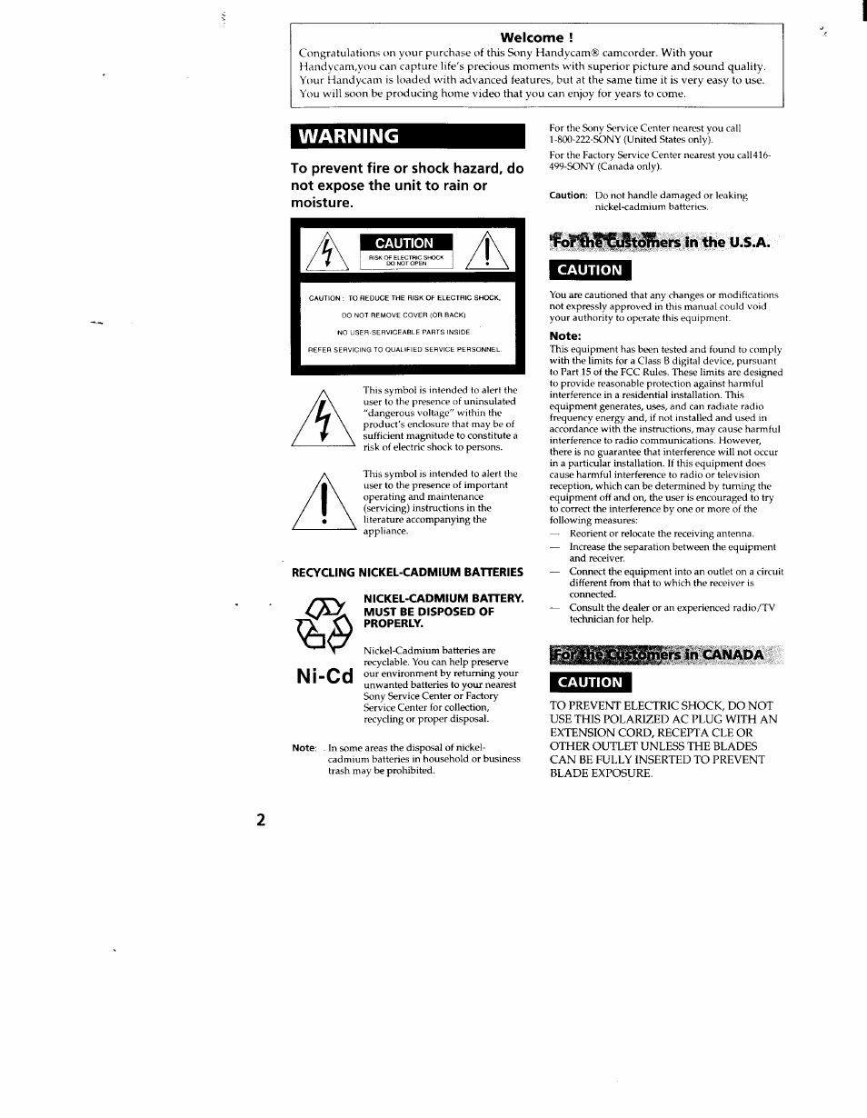 Warning, Recycling nickel-cadmium batteries, In the u.s.a | Caution, Note, Ers in canada | Sony CCD-TR916 User Manual | Page 2 / 71