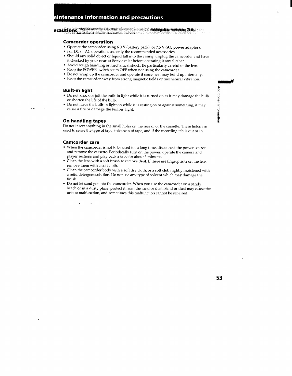 Camcorder operation, Built-in light, On handling tapes | Camcorder care, Intenance information and precautions, Ecaiitions | Sony CCD-TR916 User Manual | Page 53 / 71
