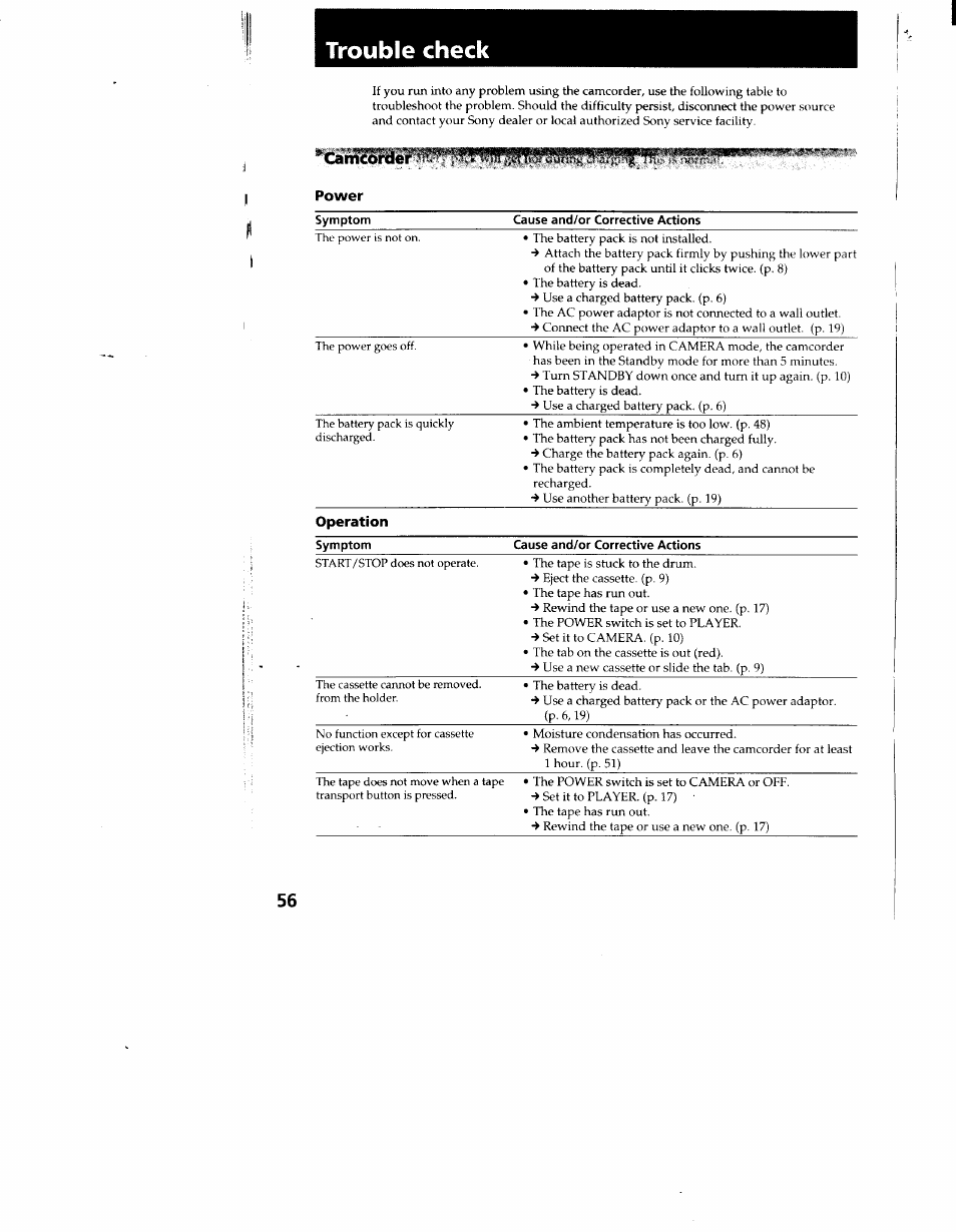 Trouble check | Sony CCD-TR916 User Manual | Page 56 / 71