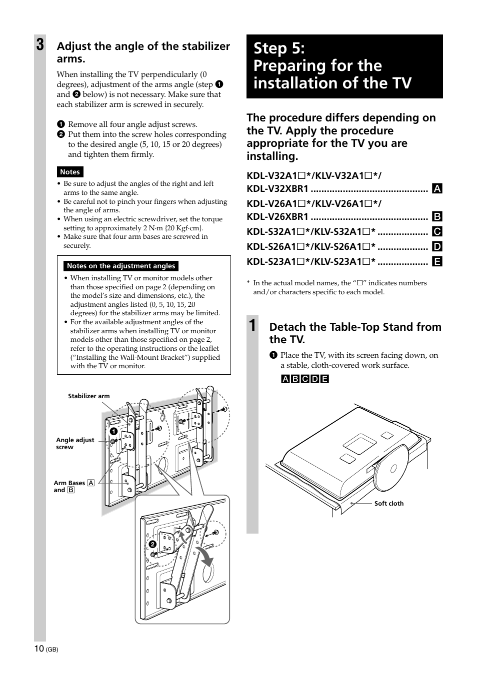 Step 5: preparing for the installation of the tv, Detach the table-top stand from the tv, Adjust the angle of the stabilizer arms | Sony KLV-32U100M User Manual | Page 10 / 100