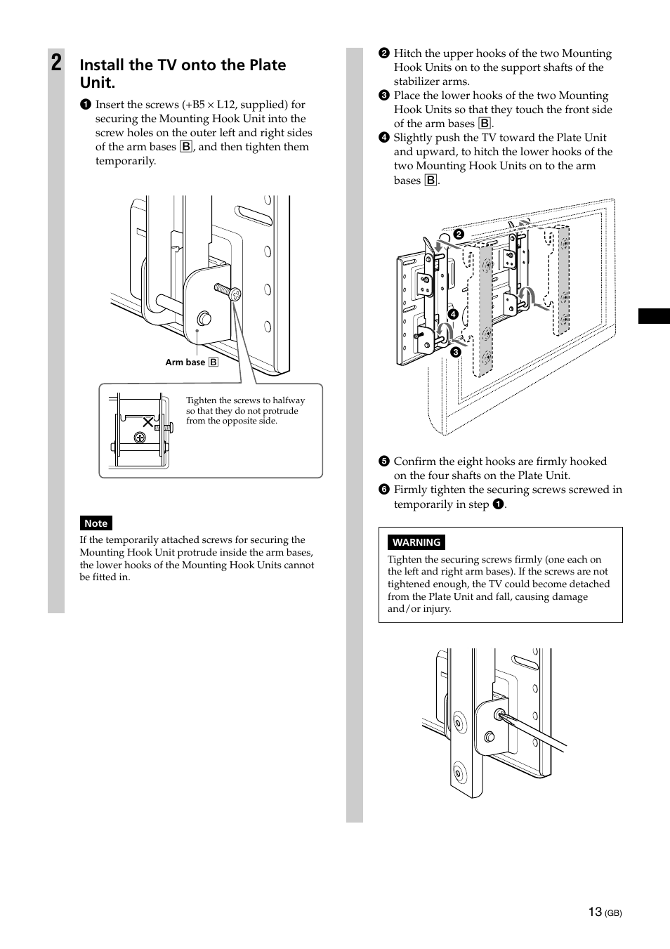 Install the tv onto the plate unit | Sony KLV-32U100M User Manual | Page 13 / 100