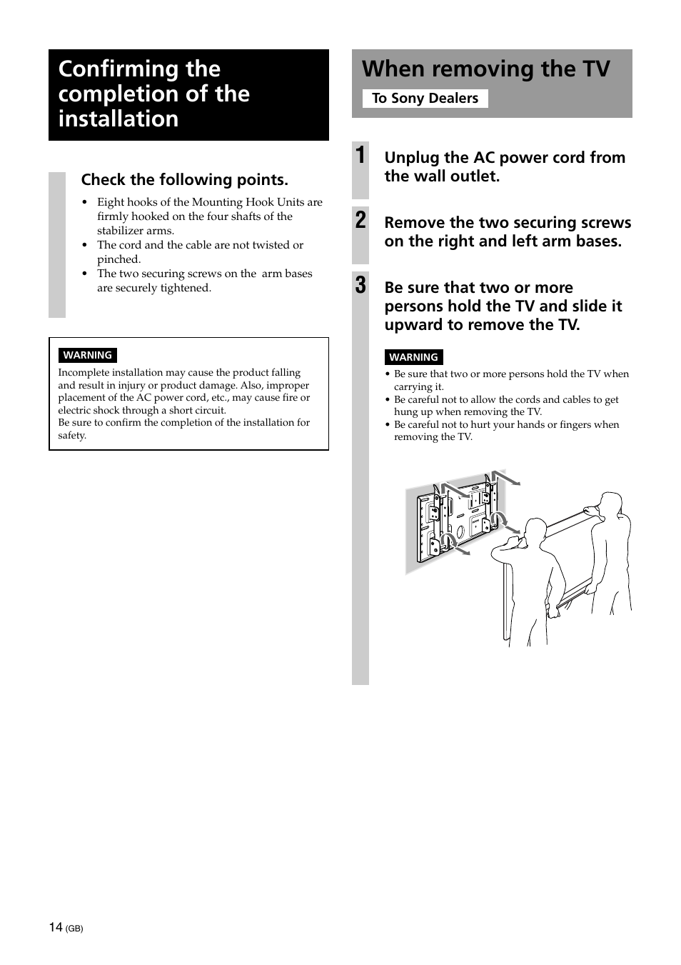 Confirming the completion of the installation, When removing the tv, When removing the tv 1 | Sony KLV-32U100M User Manual | Page 14 / 100