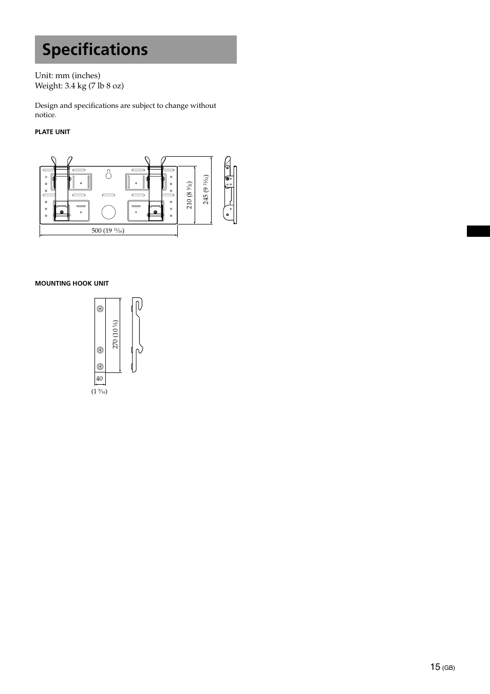 Specifications, Unit: mm (inches) weight: 3.4 kg (7 lb 8 oz) | Sony KLV-32U100M User Manual | Page 15 / 100