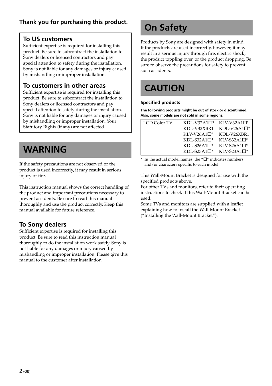 Gb [english, On safety, Caution | Warning | Sony KLV-32U100M User Manual | Page 2 / 100