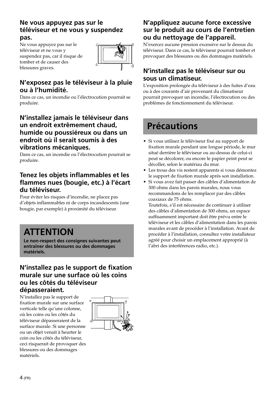 Attention, Précautions | Sony KLV-32U100M User Manual | Page 20 / 100