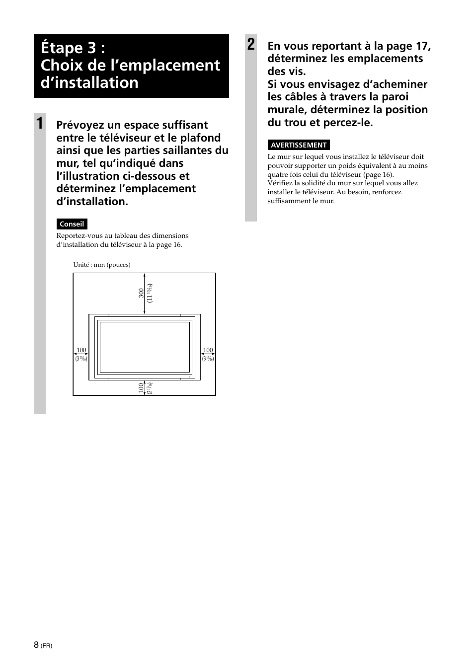 Étape 3 : choix de l’emplacement d’installation, Étape 3 : choix de l’emplacement d’installation 1 | Sony KLV-32U100M User Manual | Page 24 / 100