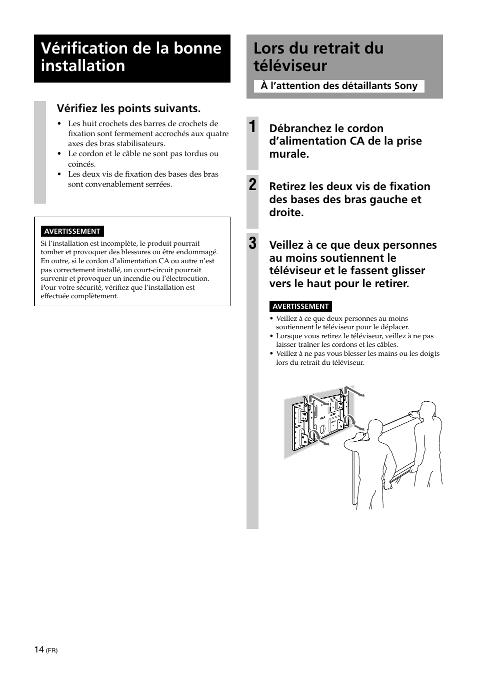 Lors du retrait du téléviseur, Vérification de la bonne installation, Lors du retrait du téléviseur 1 | Sony KLV-32U100M User Manual | Page 30 / 100