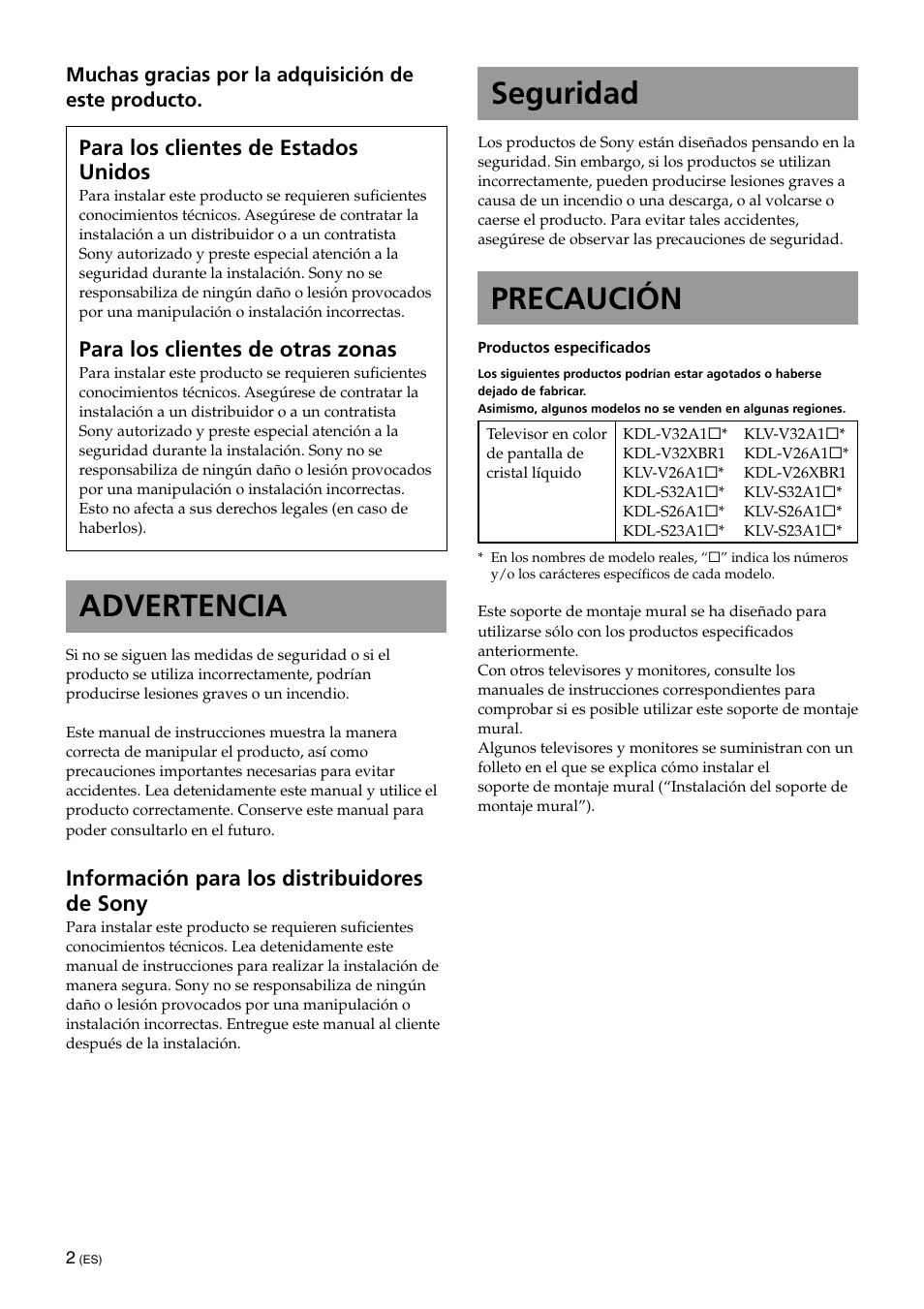 Es [español, Seguridad, Precaución | Advertencia, Para los clientes de estados unidos, Para los clientes de otras zonas, Información para los distribuidores de sony | Sony KLV-32U100M User Manual | Page 34 / 100