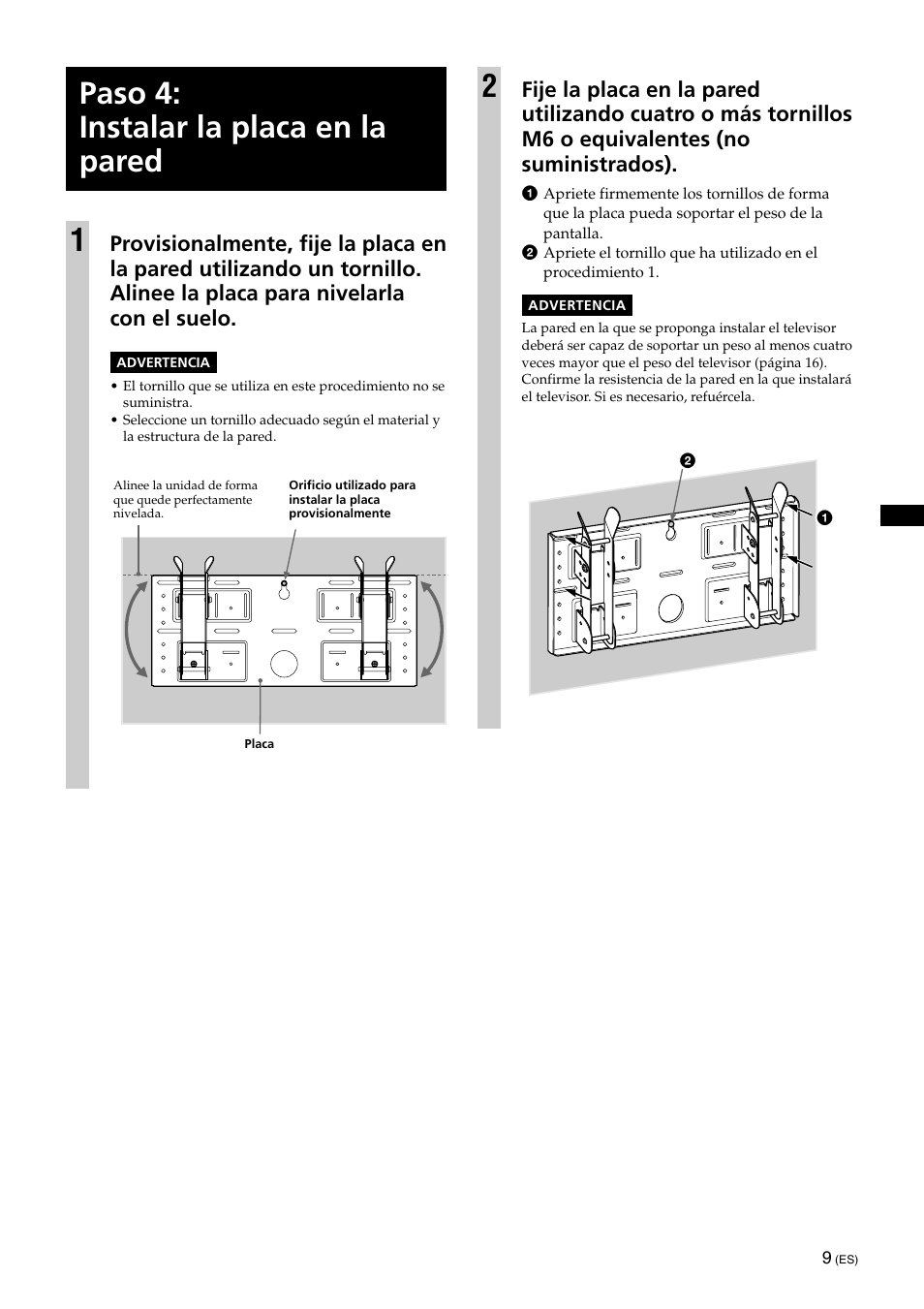 Paso 4: instalar la placa en la pared, Paso 4: instalar la placa en la pared 1 | Sony KLV-32U100M User Manual | Page 41 / 100