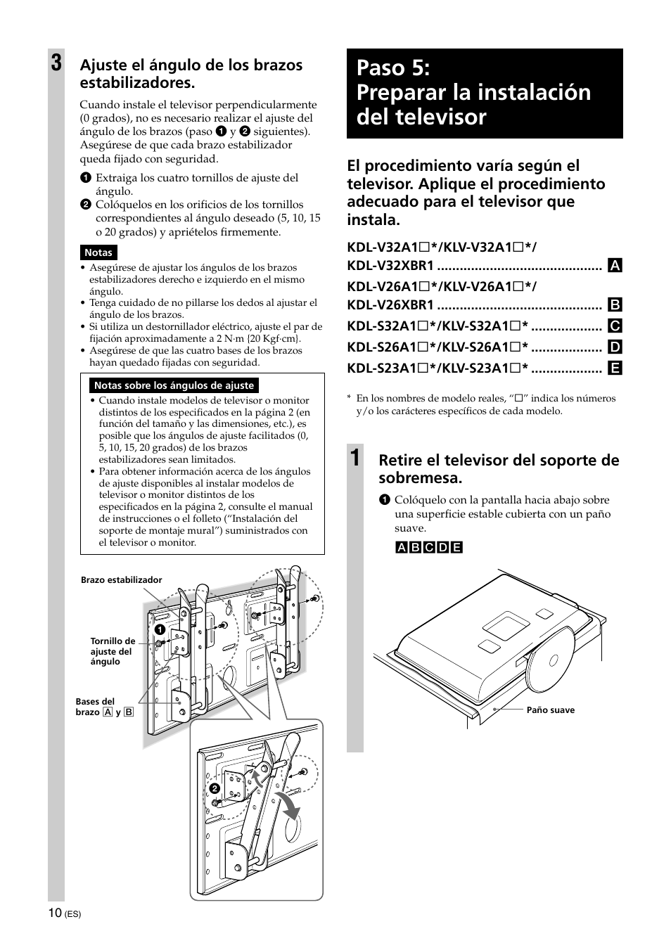Paso 5: preparar la instalación del televisor, Retire el televisor del soporte de sobremesa, Ajuste el ángulo de los brazos estabilizadores | Sony KLV-32U100M User Manual | Page 42 / 100