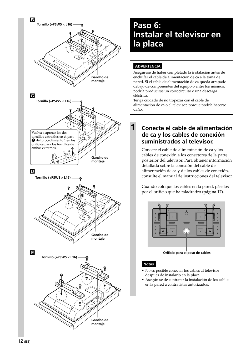 Paso 6: instalar el televisor en la placa | Sony KLV-32U100M User Manual | Page 44 / 100