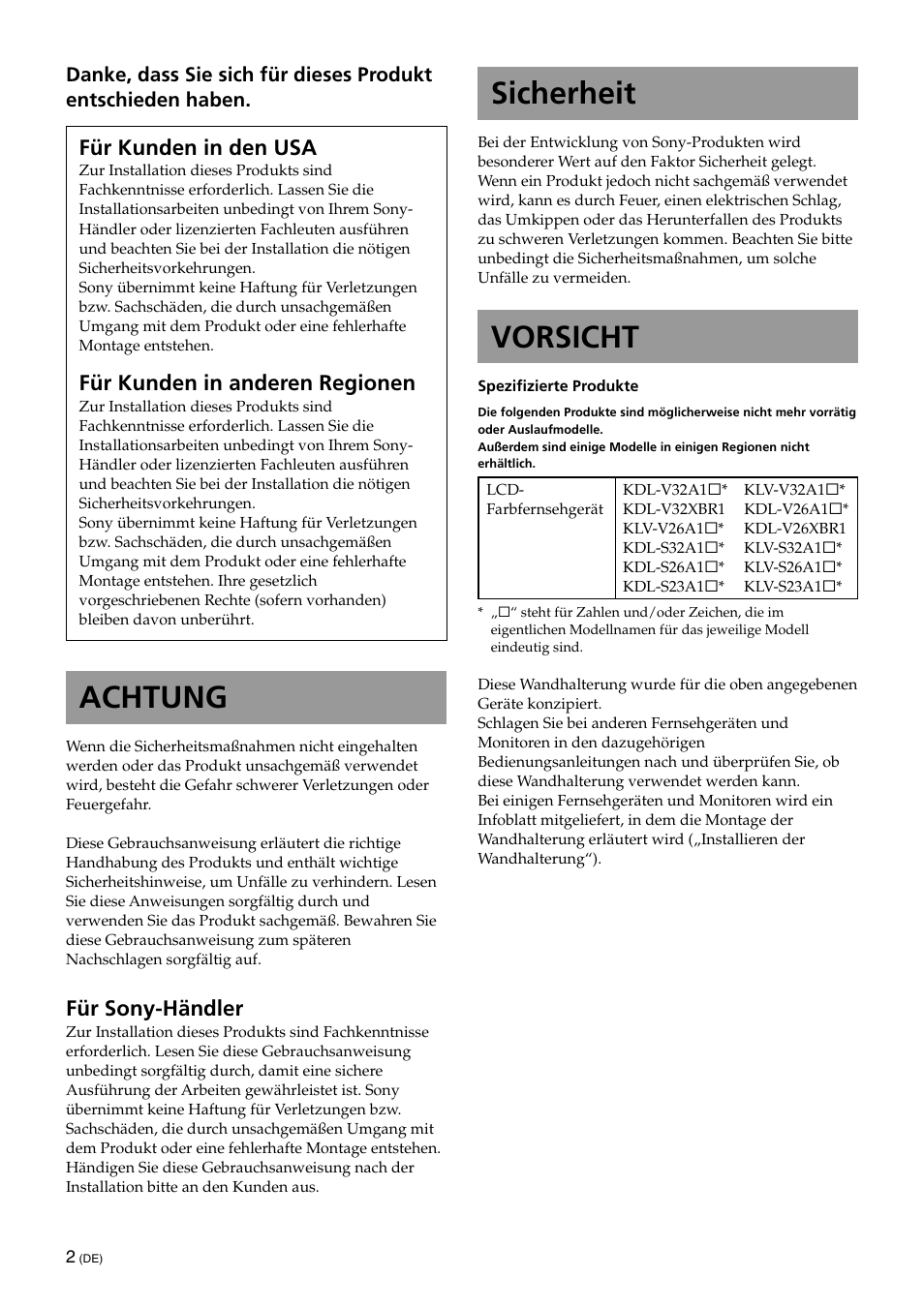 De [deutsch, Sicherheit, Vorsicht | Achtung, Für kunden in den usa, Für kunden in anderen regionen, Für sony-händler | Sony KLV-32U100M User Manual | Page 50 / 100