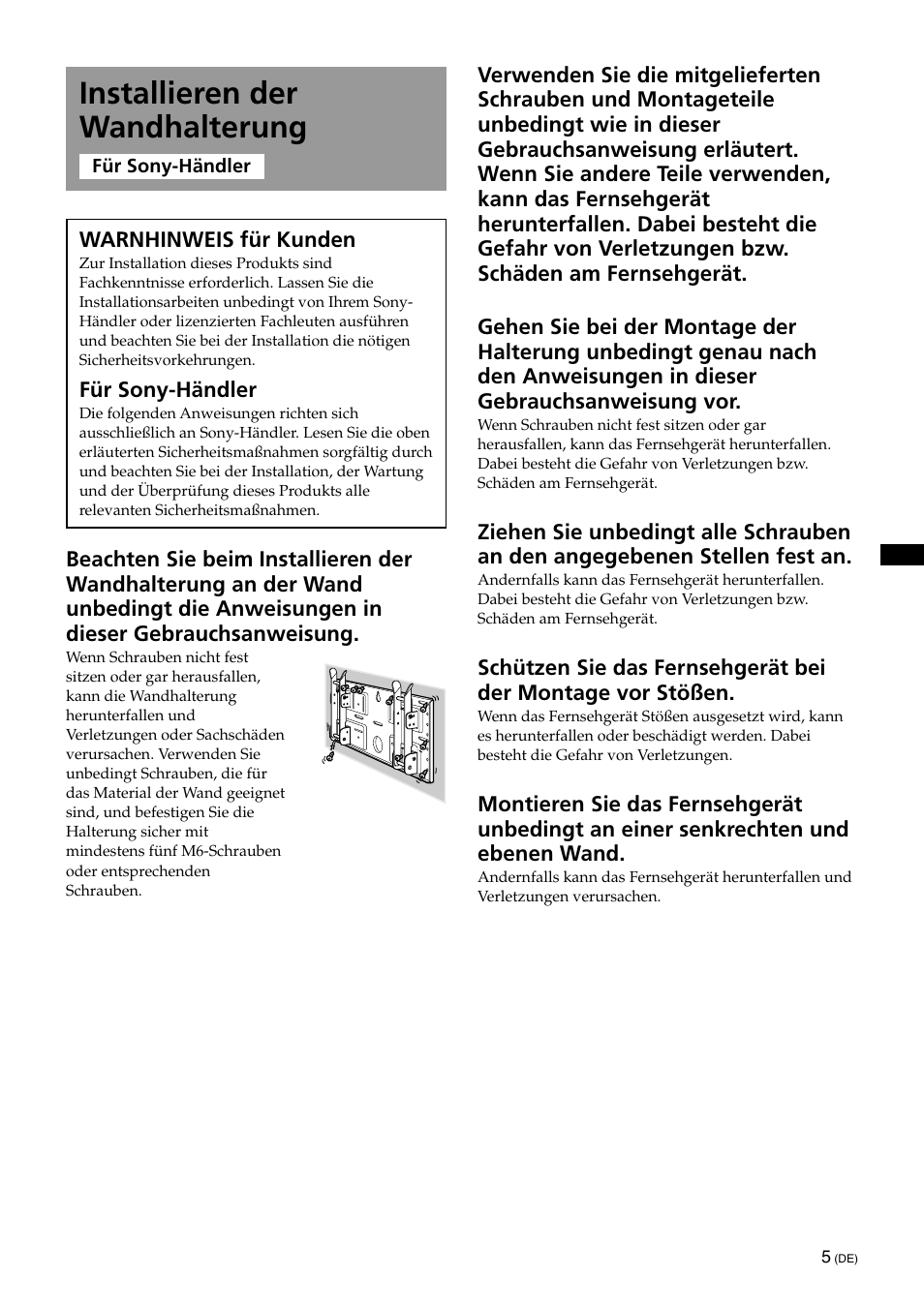 Installieren der wandhalterung | Sony KLV-32U100M User Manual | Page 53 / 100