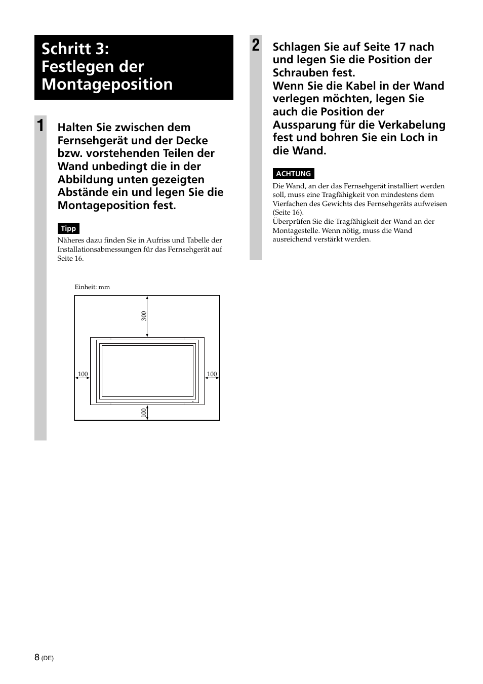 Schritt 3: festlegen der montageposition, Schritt 3: festlegen der montageposition 1 | Sony KLV-32U100M User Manual | Page 56 / 100