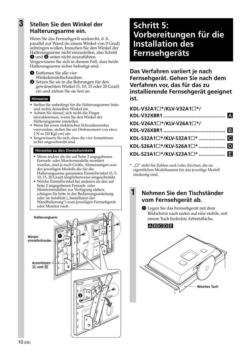 Nehmen sie den tischständer vom fernsehgerät ab, Stellen sie den winkel der halterungsarme ein | Sony KLV-32U100M User Manual | Page 58 / 100