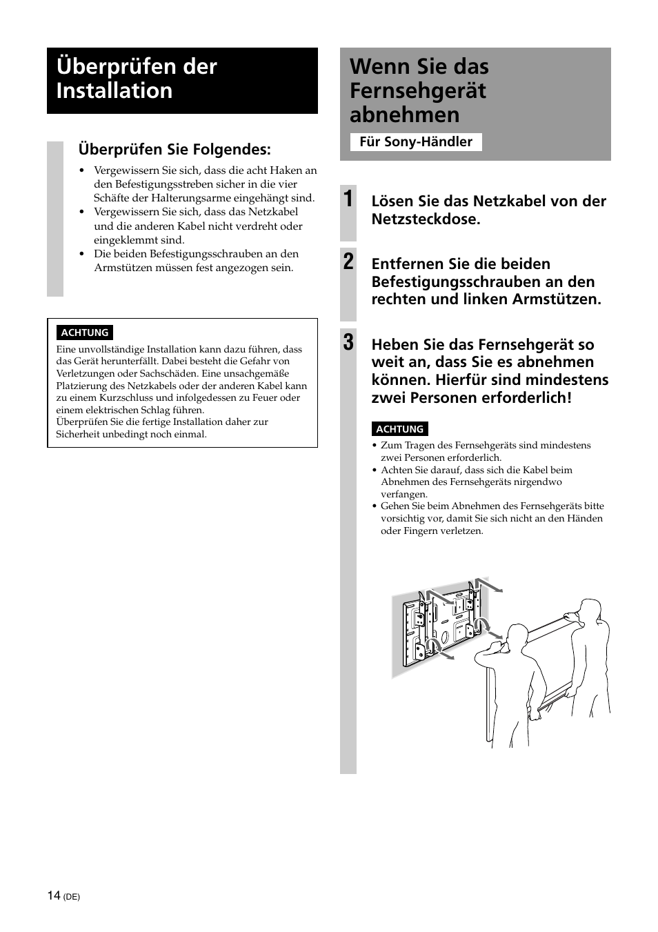 Überprüfen der installation, Wenn sie das fernsehgerät abnehmen, Wenn sie das fernsehgerät abnehmen 1 | Sony KLV-32U100M User Manual | Page 62 / 100