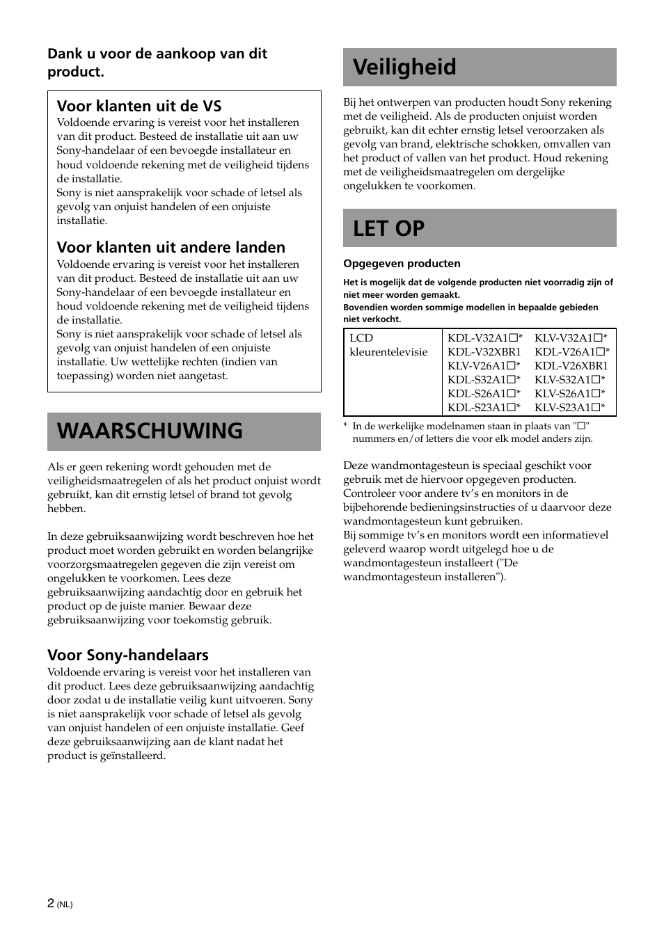 Nl [nederlands, Veiligheid, Let op | Waarschuwing, Voor klanten uit de vs, Voor klanten uit andere landen, Voor sony-handelaars | Sony KLV-32U100M User Manual | Page 66 / 100