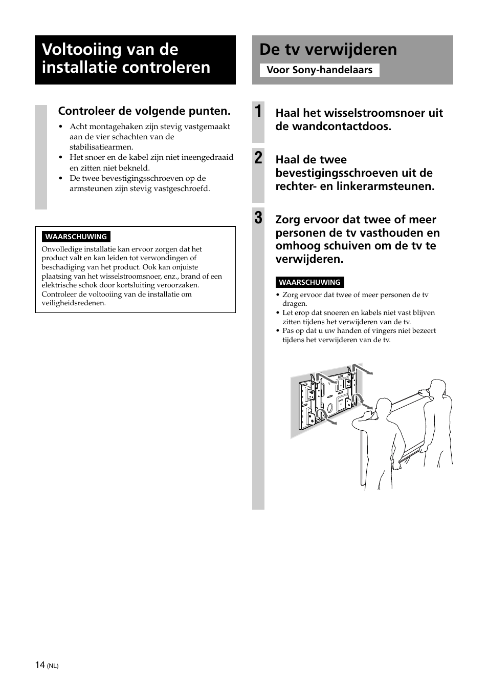 Voltooiing van de installatie controleren, De tv verwijderen, De tv verwijderen 1 | Sony KLV-32U100M User Manual | Page 78 / 100