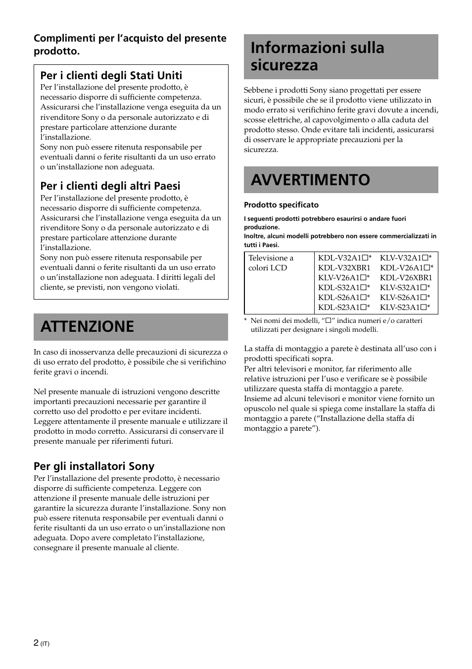 It [italiano, Informazioni sulla sicurezza, Avvertimento | Attenzione, Per i clienti degli stati uniti, Per i clienti degli altri paesi, Per gli installatori sony | Sony KLV-32U100M User Manual | Page 82 / 100