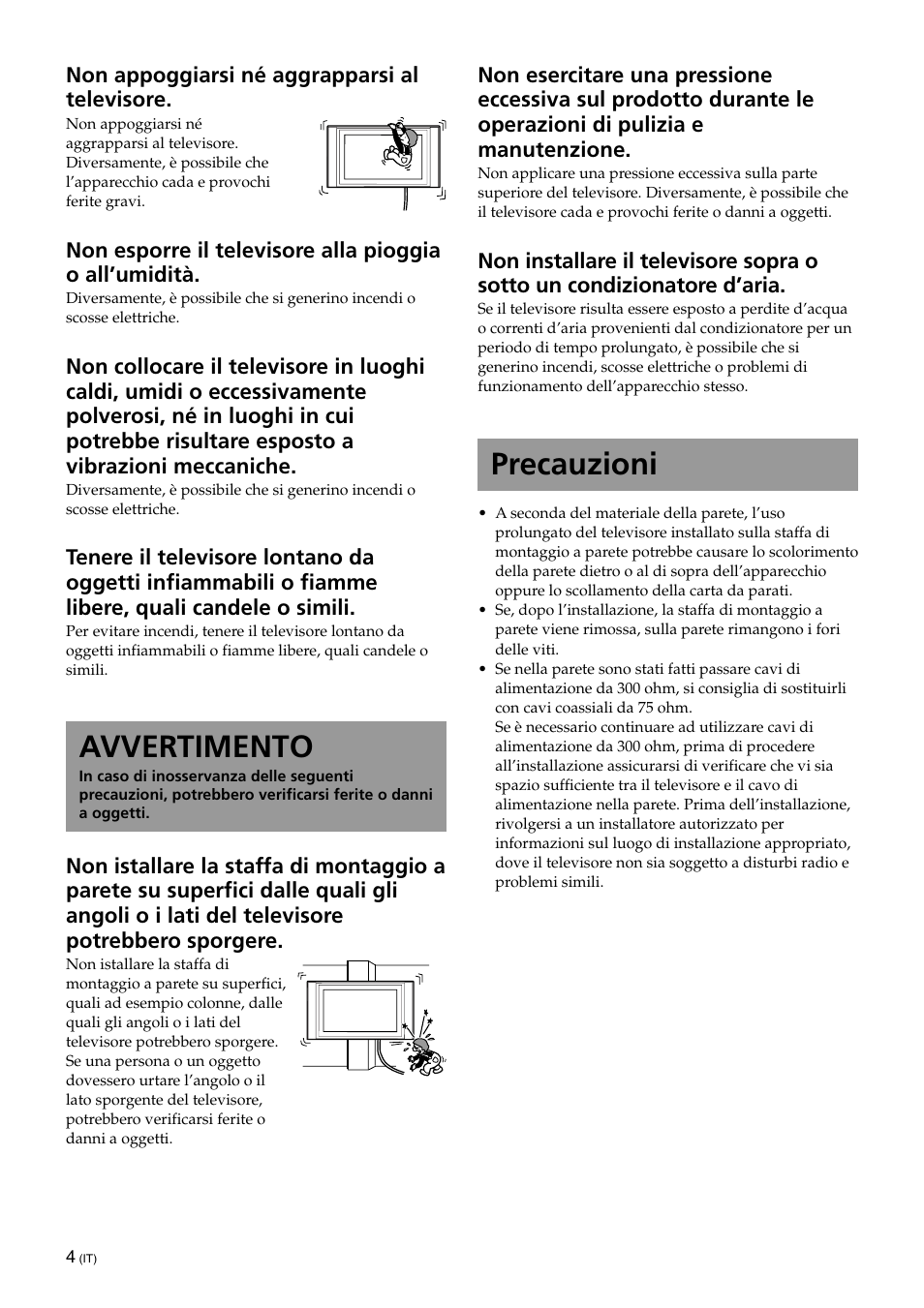 Avvertimento, Precauzioni | Sony KLV-32U100M User Manual | Page 84 / 100