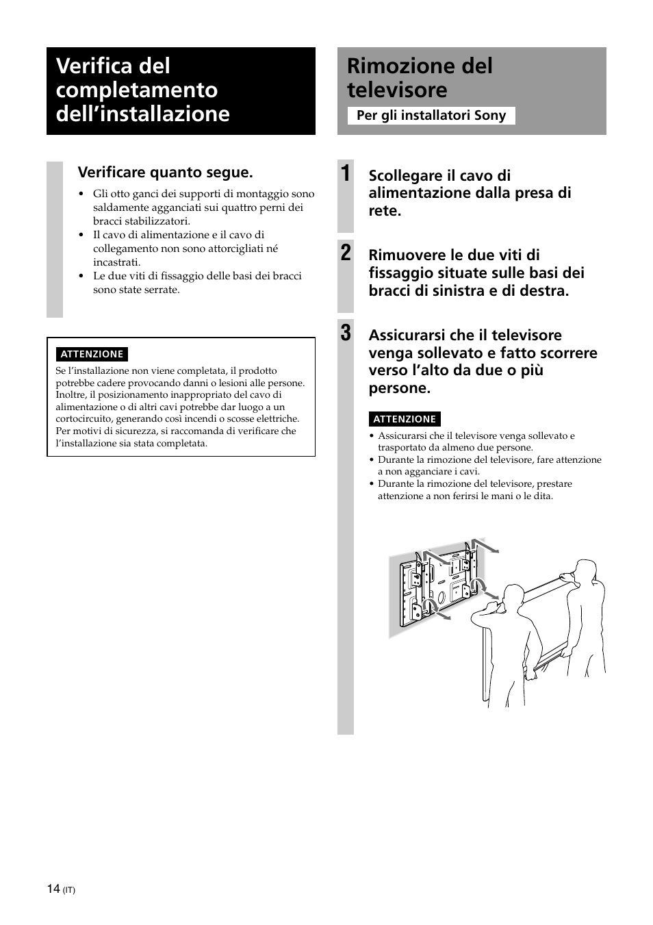 Verifica del completamento dell’installazione, Rimozione del televisore, Rimozione del televisore 1 | Sony KLV-32U100M User Manual | Page 94 / 100