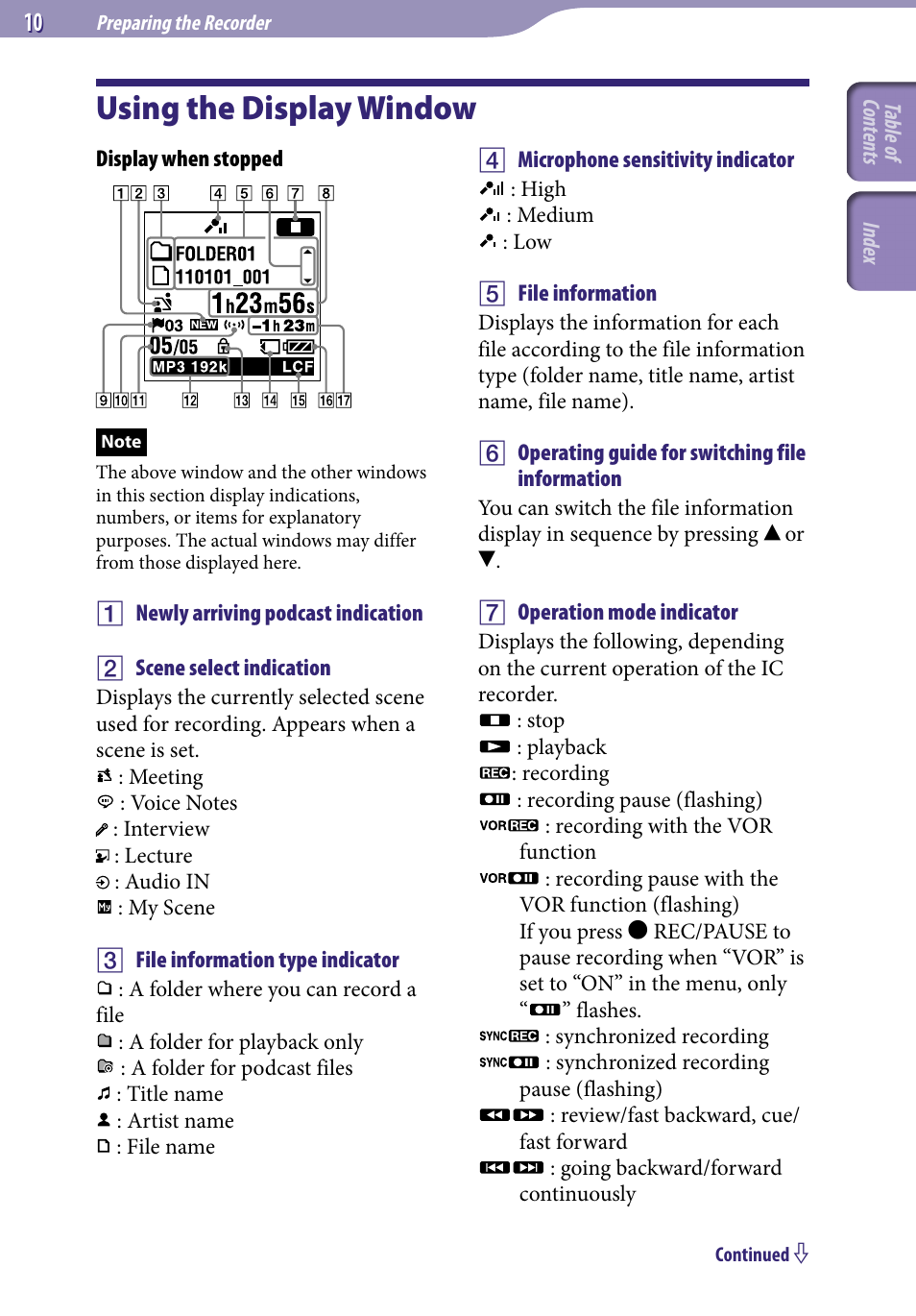 Using the display window | Sony ICD-UX523BLK User Manual | Page 10 / 140