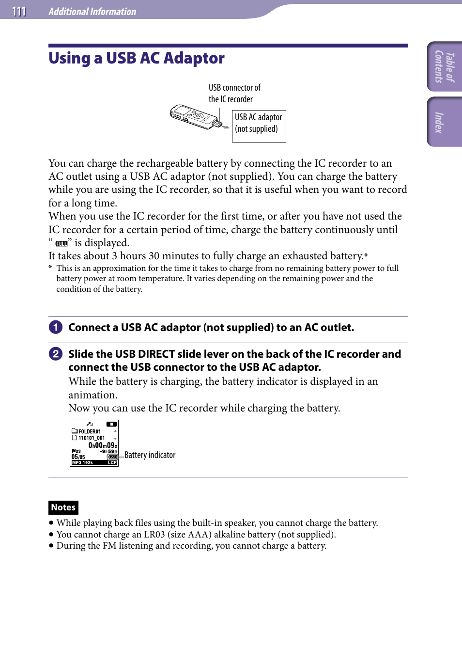 Additional information, Using a usb ac adaptor, 111), y | Sony ICD-UX523BLK User Manual | Page 111 / 140