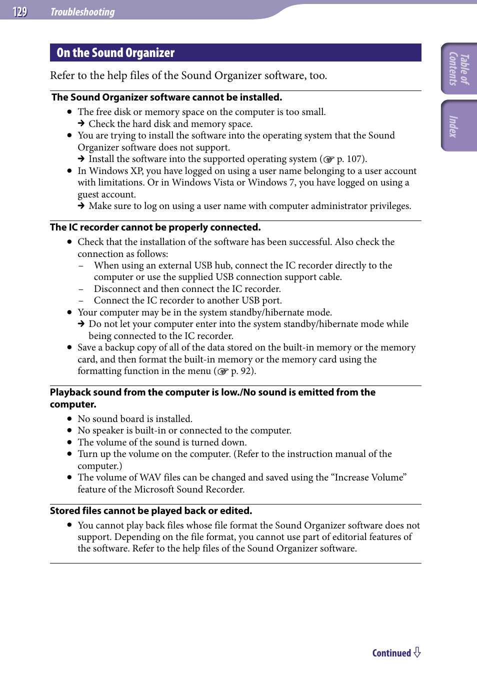 On the sound organizer | Sony ICD-UX523BLK User Manual | Page 129 / 140