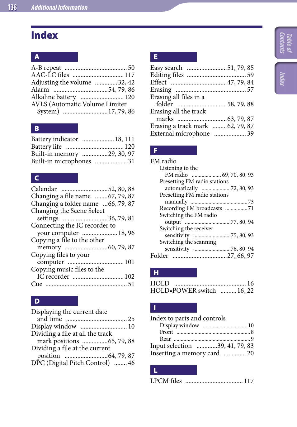 Index, Inde x | Sony ICD-UX523BLK User Manual | Page 138 / 140