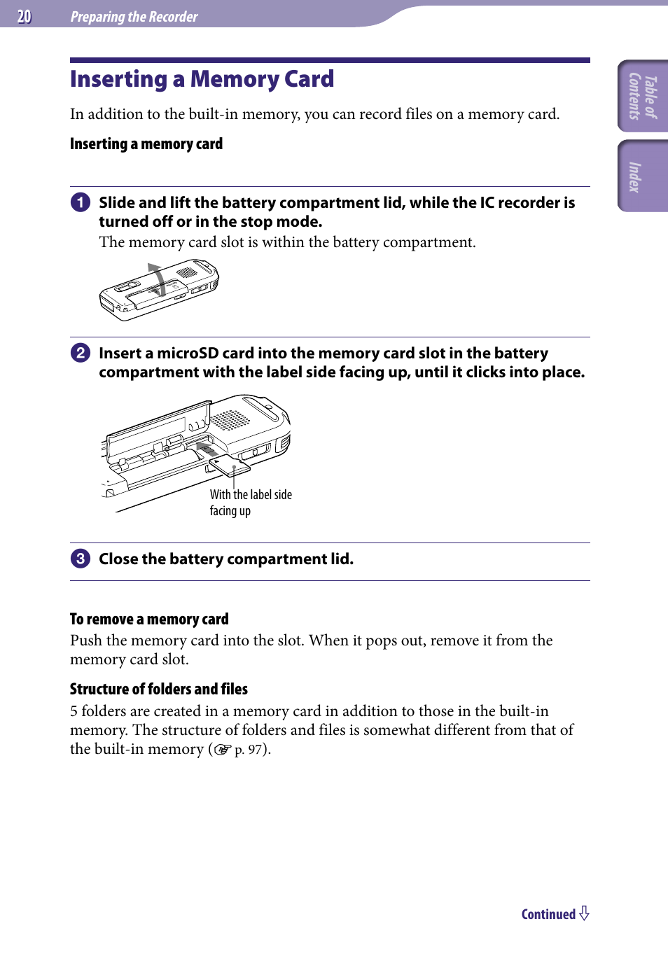Inserting a memory card | Sony ICD-UX523BLK User Manual | Page 20 / 140