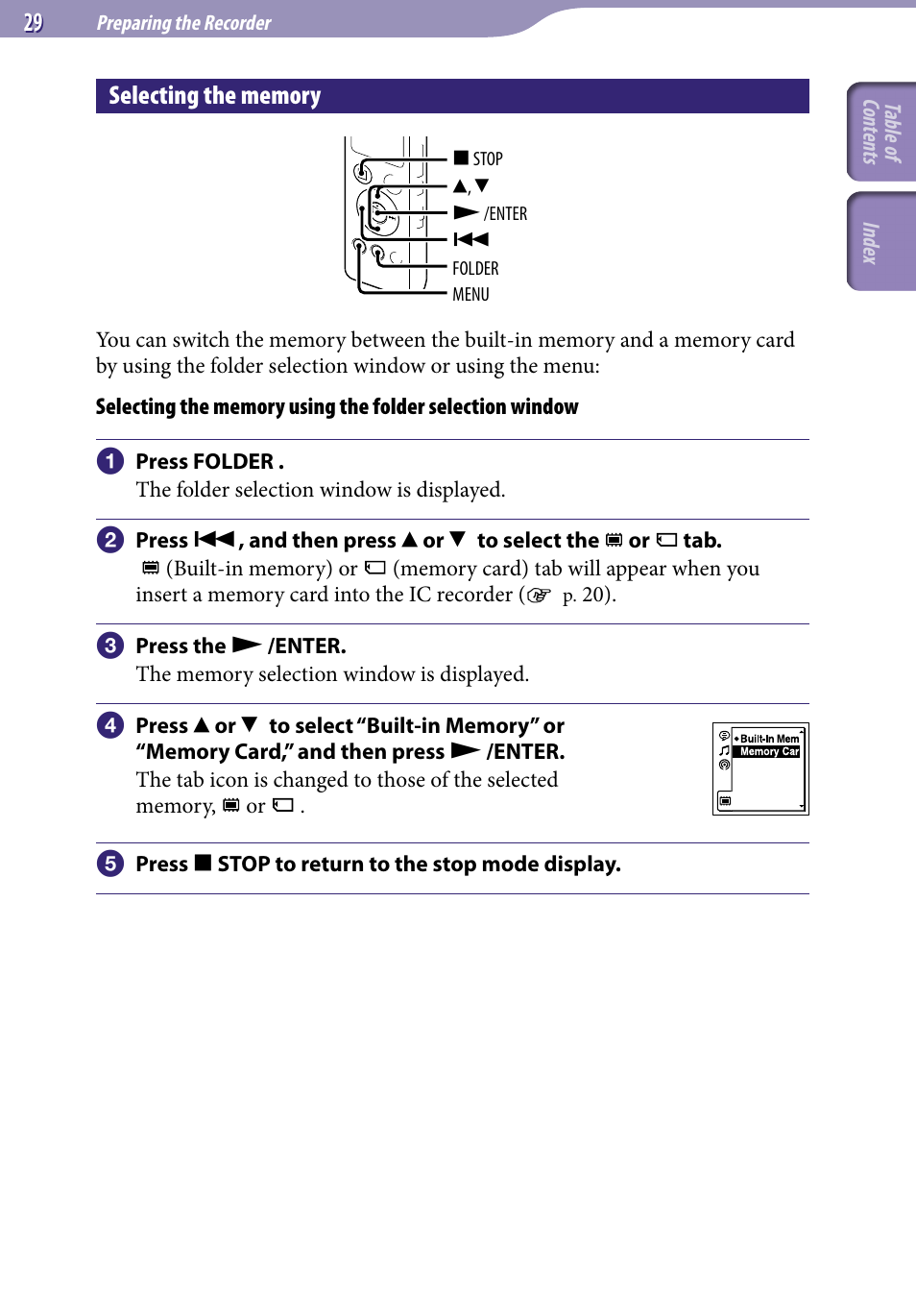 Selecting the memory | Sony ICD-UX523BLK User Manual | Page 29 / 140
