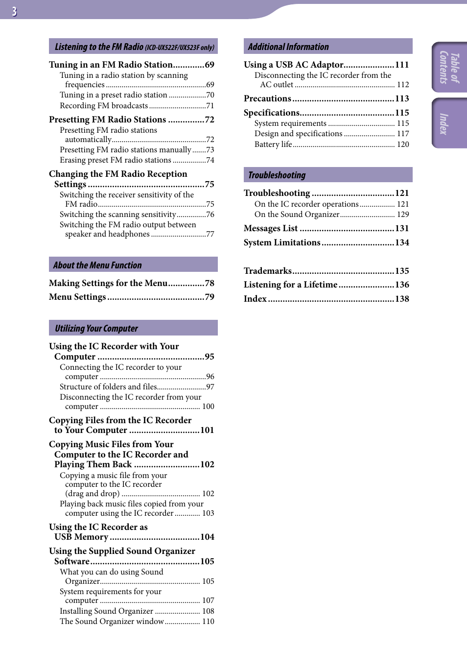 Table of cont ents, Inde x | Sony ICD-UX523BLK User Manual | Page 3 / 140