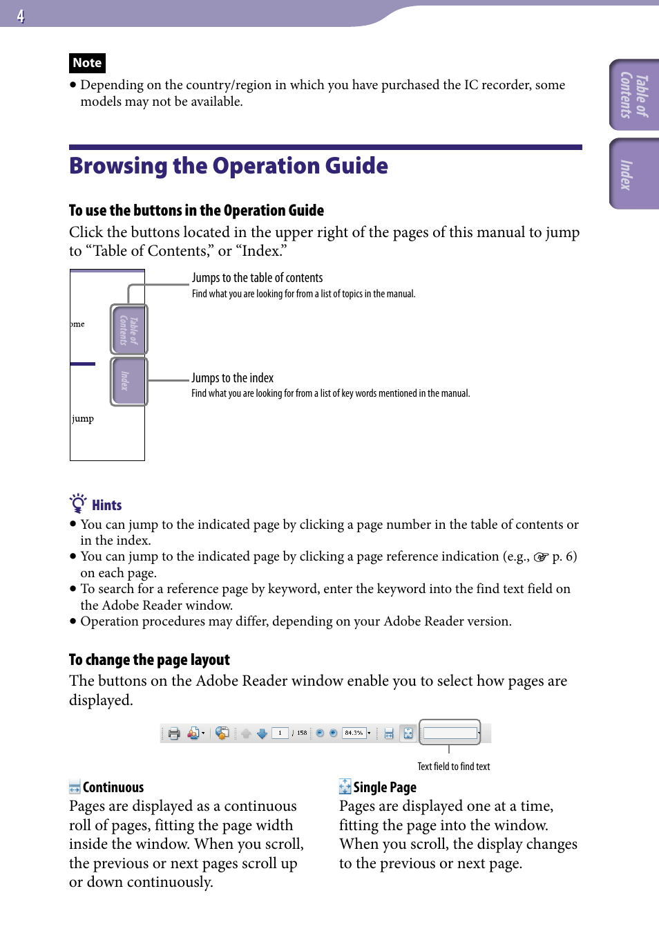 Browsing the operation guide | Sony ICD-UX523BLK User Manual | Page 4 / 140