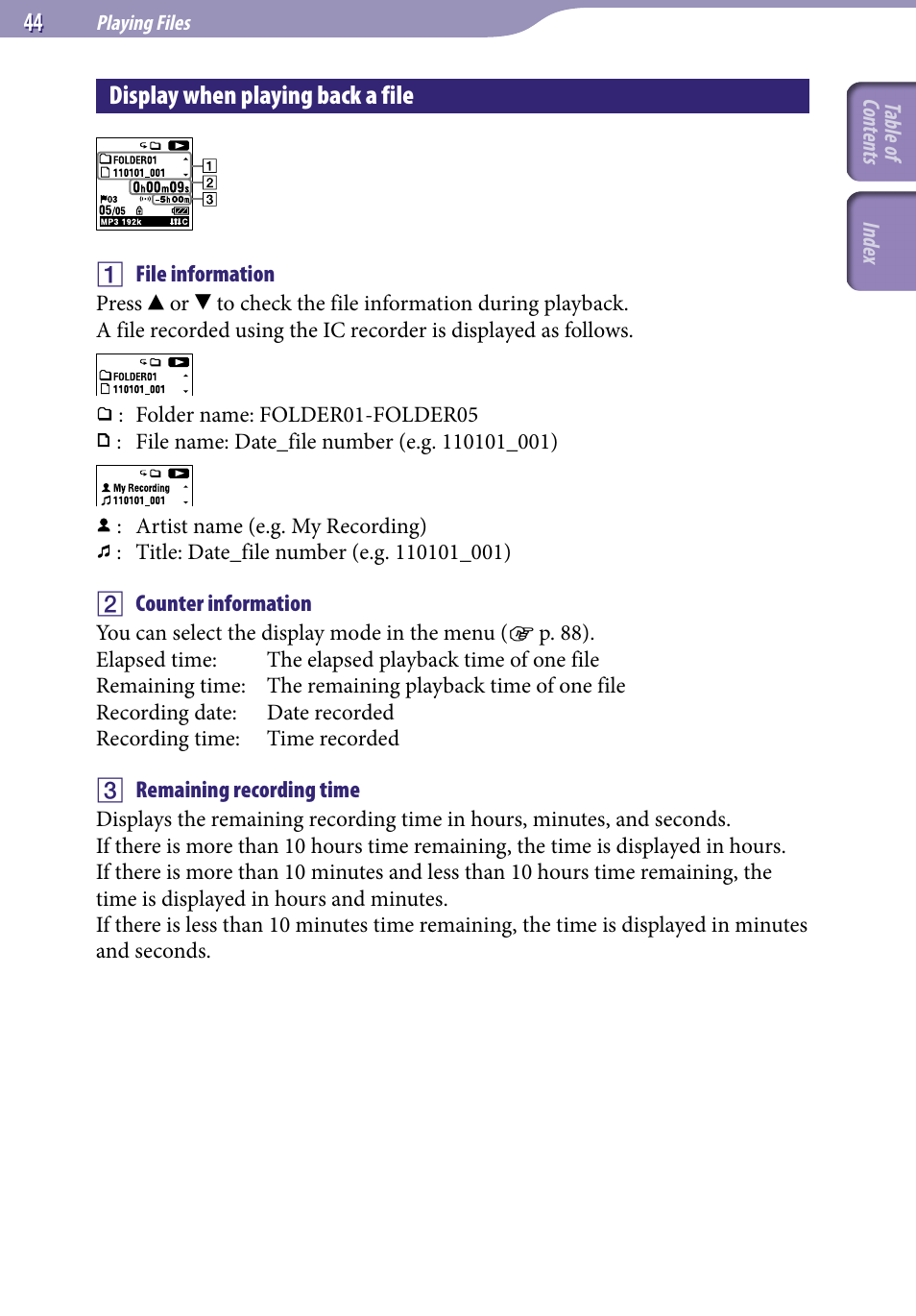 Display when playing back a file | Sony ICD-UX523BLK User Manual | Page 44 / 140