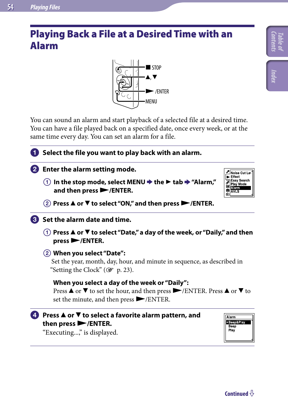 Playing back a file at a desired, Time with an alarm | Sony ICD-UX523BLK User Manual | Page 54 / 140