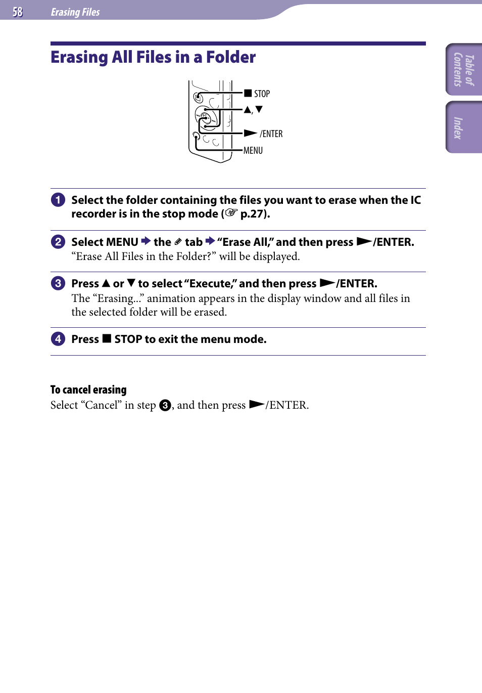 Erasing all files in a folder | Sony ICD-UX523BLK User Manual | Page 58 / 140