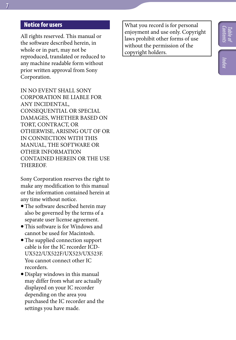 Notice for users | Sony ICD-UX523BLK User Manual | Page 7 / 140
