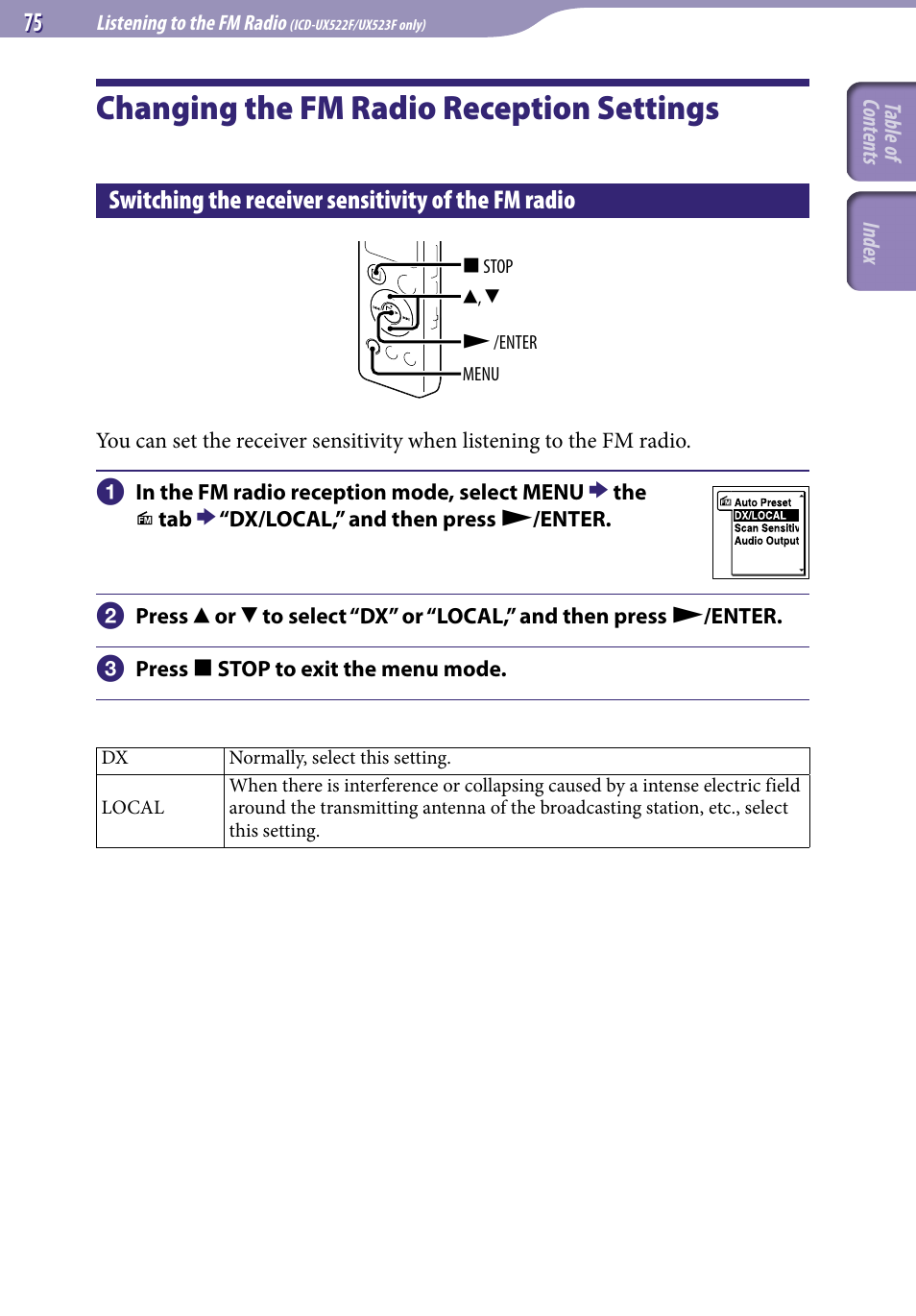 Changing the fm radio reception settings, Switching the receiver sensitivity of the fm radio, Changing the fm radio reception | Settings, Switching the receiver sensitivity of the, Fm radio | Sony ICD-UX523BLK User Manual | Page 75 / 140