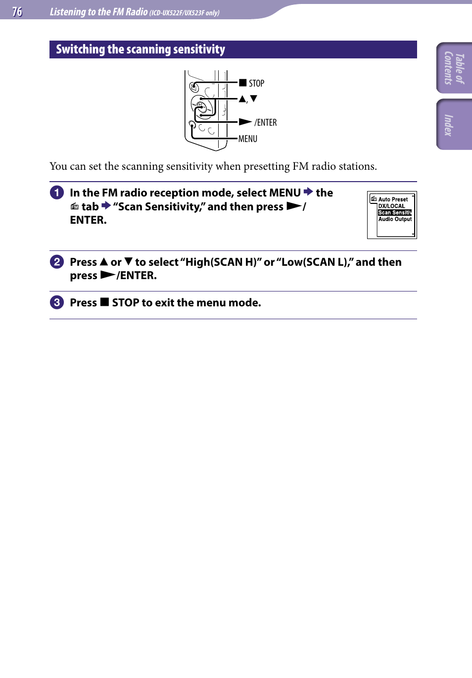 Switching the scanning sensitivity | Sony ICD-UX523BLK User Manual | Page 76 / 140