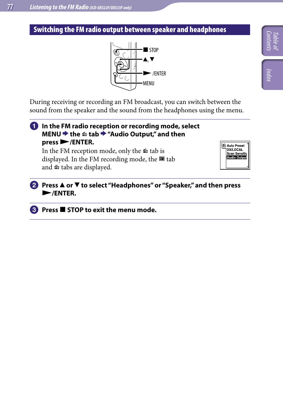Switching the fm radio output between, Speaker and headphones | Sony ICD-UX523BLK User Manual | Page 77 / 140