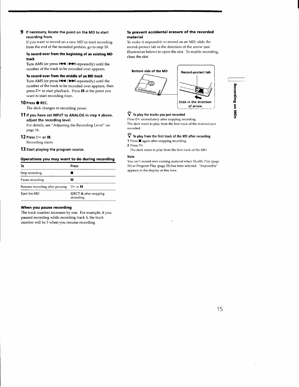 To record over from the middle of an md track, 12 press o or ii, 13 start playing the program source | Sony MDS-M100 User Manual | Page 15 / 46
