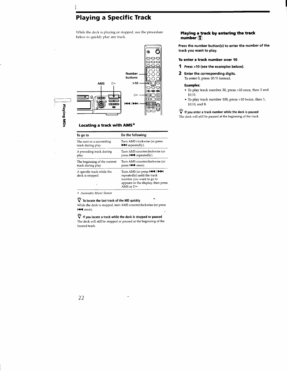 Playing a specific track | Sony MDS-M100 User Manual | Page 22 / 46