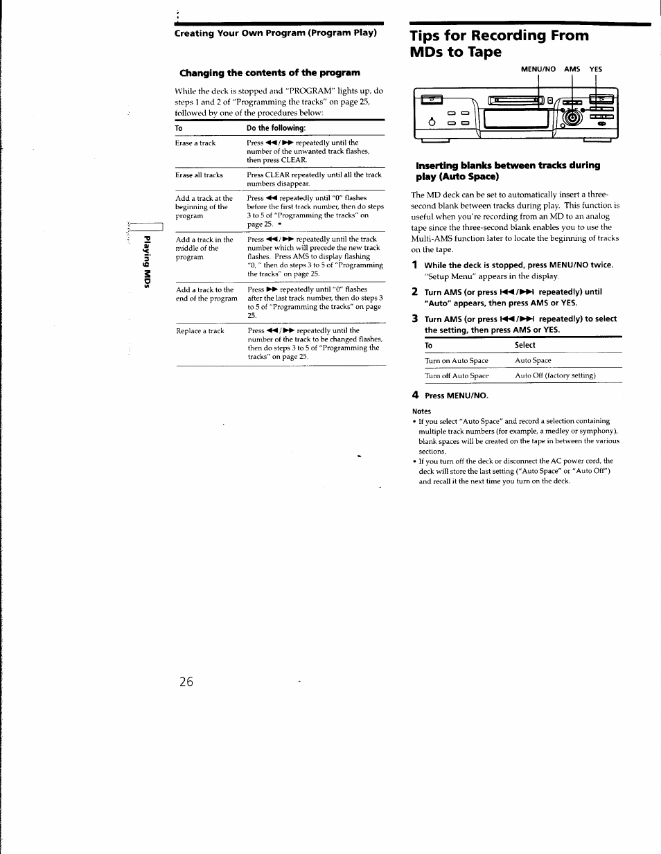 Tips for recording from mds to tape, 1 while the deck is stopped, press menu/no twice, 2 turn ams (or press repeatedly) until | 4 press menu/no | Sony MDS-M100 User Manual | Page 26 / 46