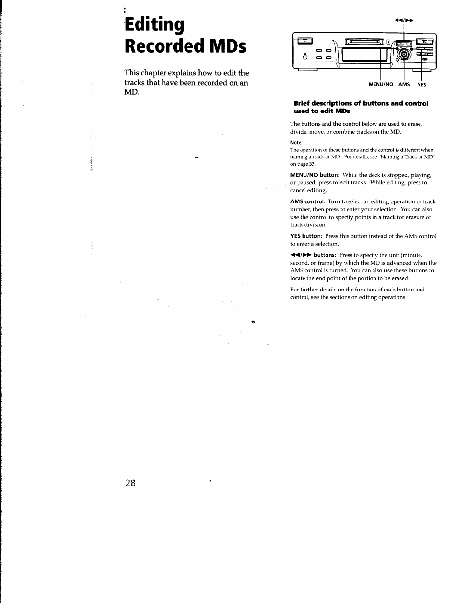 Editing, Recorded mds, Editing recorded mds | Sony MDS-M100 User Manual | Page 28 / 46