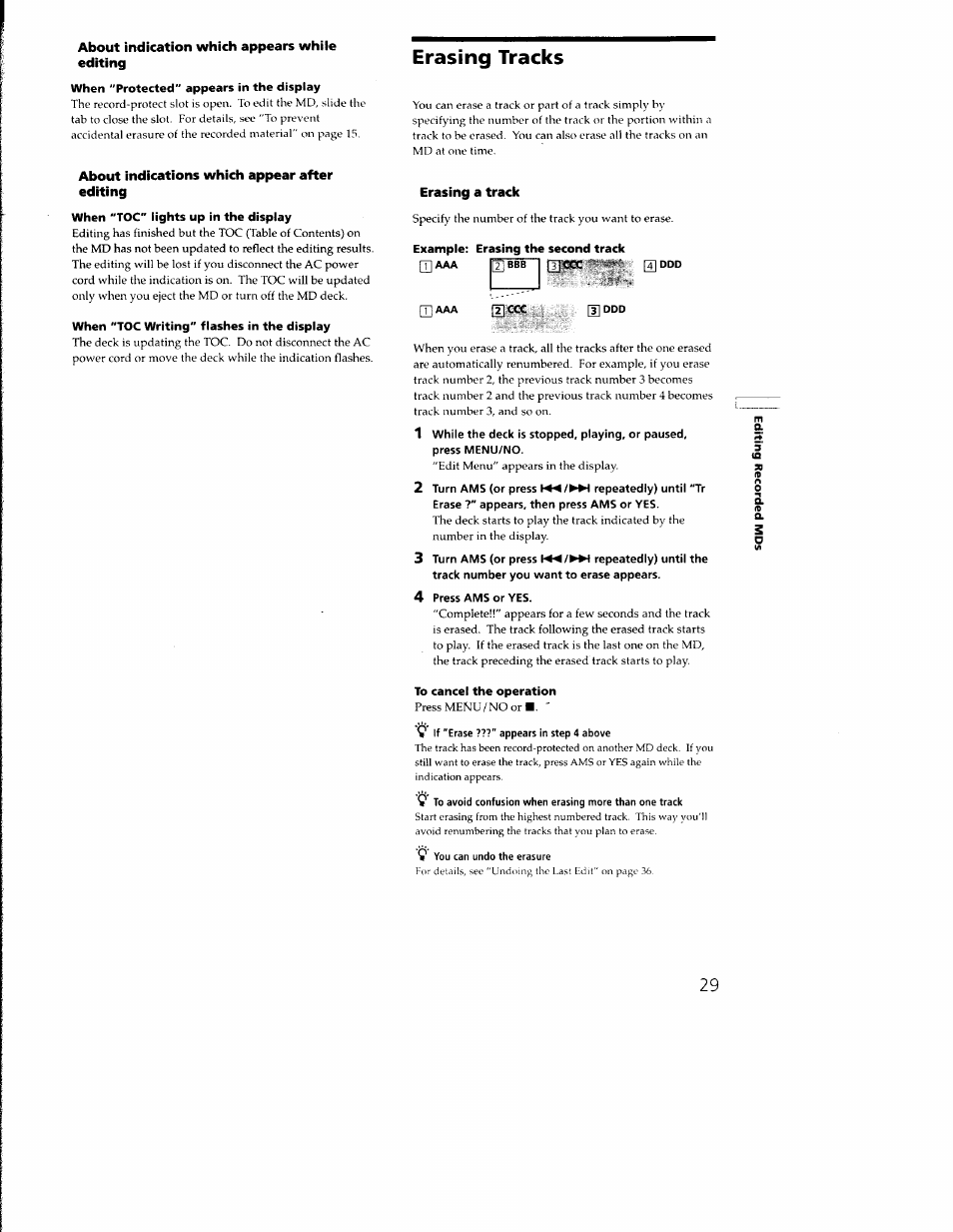 Erasing tracks, 2 turn ams (or press repeatedly) until "tr, 3 turn ams (or press repeatedly) until the | 4 press ams or yes | Sony MDS-M100 User Manual | Page 29 / 46