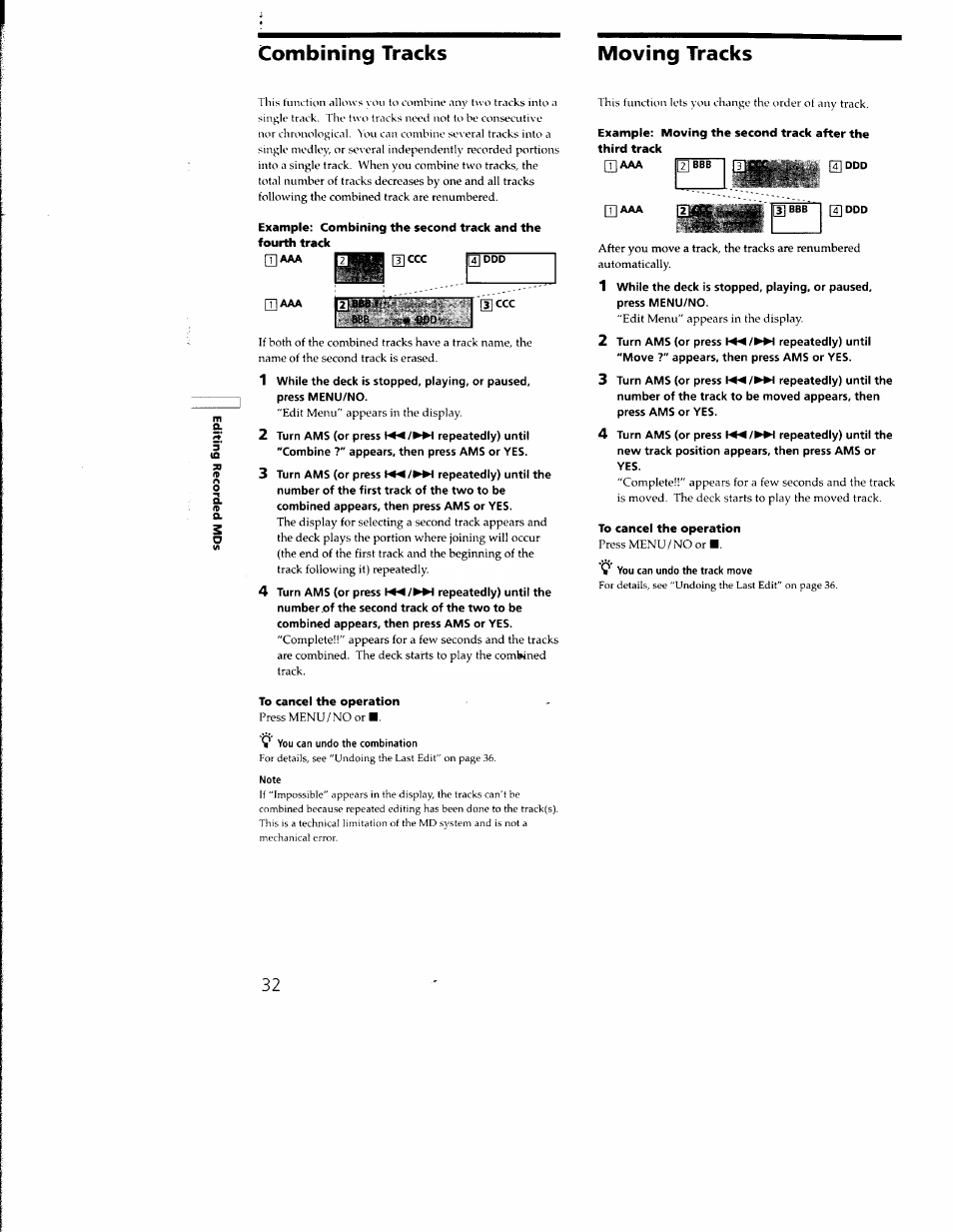 Combining tracks, Moving tracks, 2 turn ams (or press repeatedly) until | 4 turn ams (or press repeatedly) until the, Combining tracks moving tracks | Sony MDS-M100 User Manual | Page 32 / 46