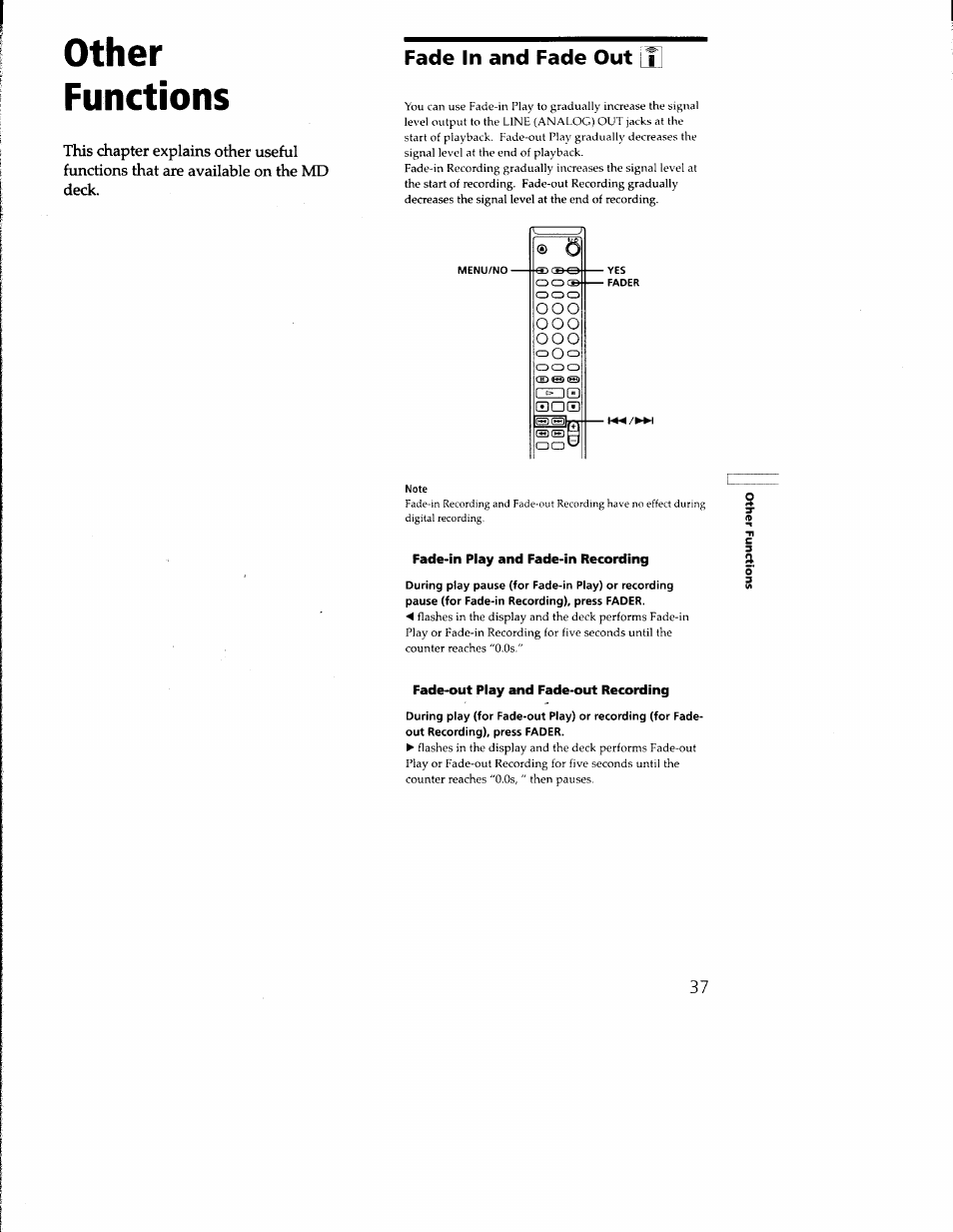 Functions, Fade in and fade out [t, Other functions | Sony MDS-M100 User Manual | Page 37 / 46